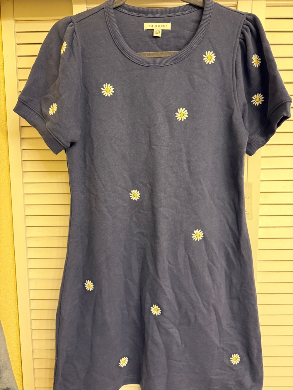 Free Assembly Navy Daisy Embroidered Short-Sleeve sweatshirt dress Women’s Sz M